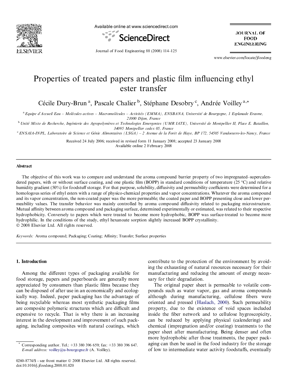 Properties of treated papers and plastic film influencing ethyl ester transfer