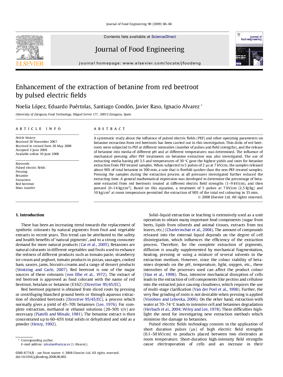 Enhancement of the extraction of betanine from red beetroot by pulsed electric fields