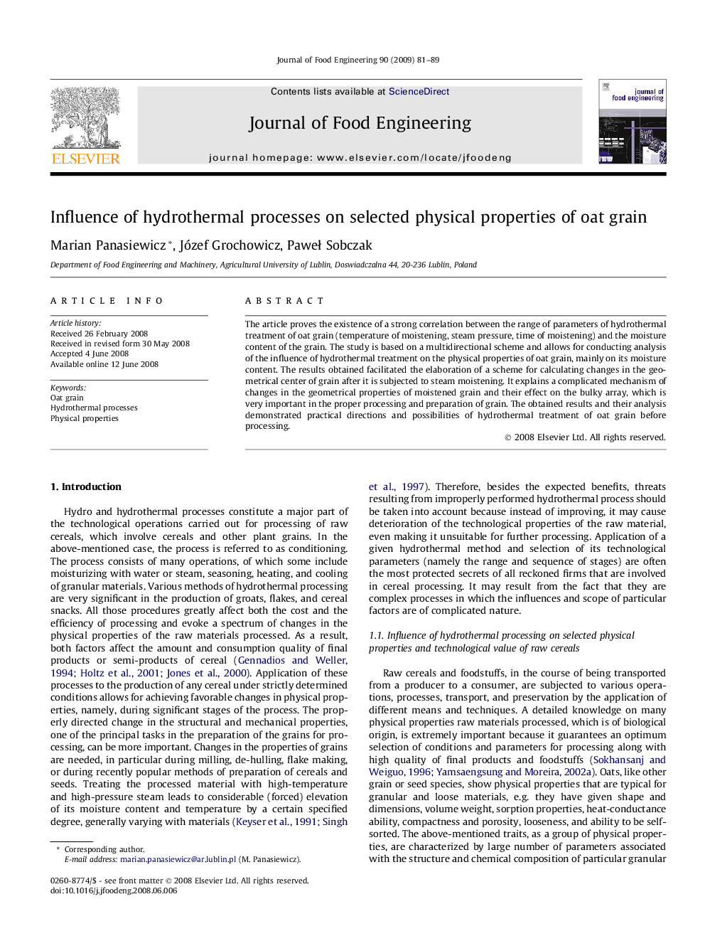 Influence of hydrothermal processes on selected physical properties of oat grain