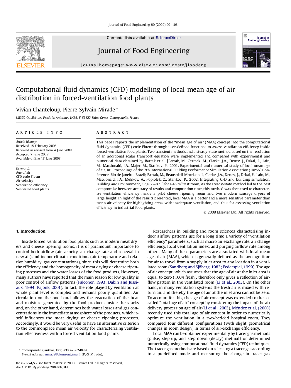 Computational fluid dynamics (CFD) modelling of local mean age of air distribution in forced-ventilation food plants