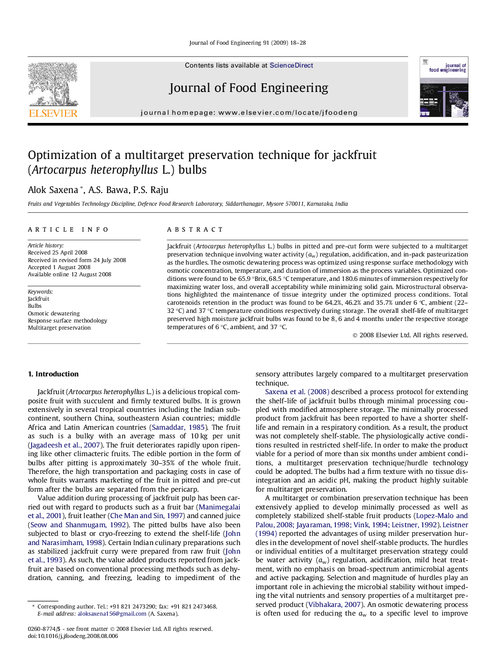 Optimization of a multitarget preservation technique for jackfruit (Artocarpus heterophyllus L.) bulbs