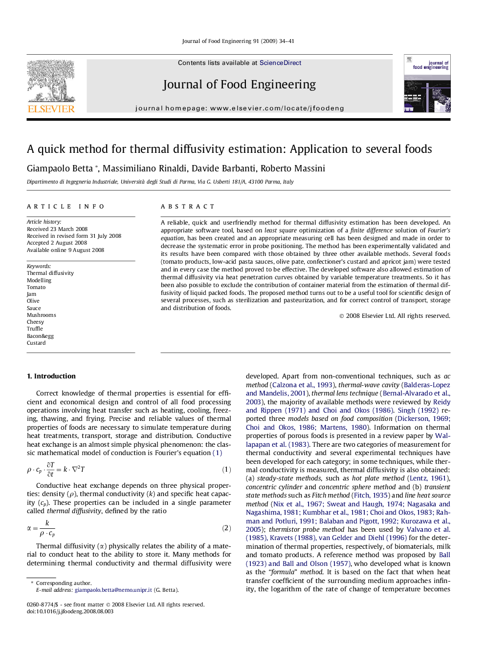 A quick method for thermal diffusivity estimation: Application to several foods