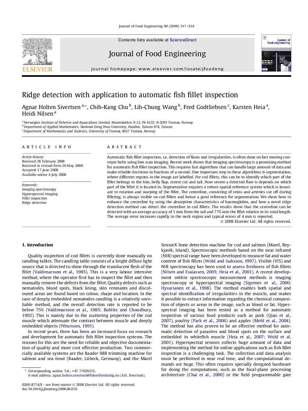 Ridge detection with application to automatic fish fillet inspection