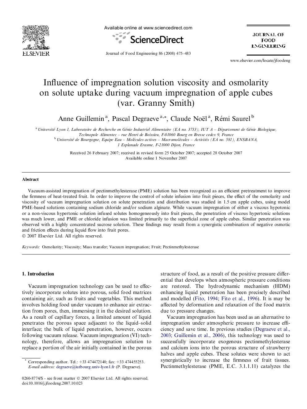 Influence of impregnation solution viscosity and osmolarity on solute uptake during vacuum impregnation of apple cubes (var. Granny Smith)