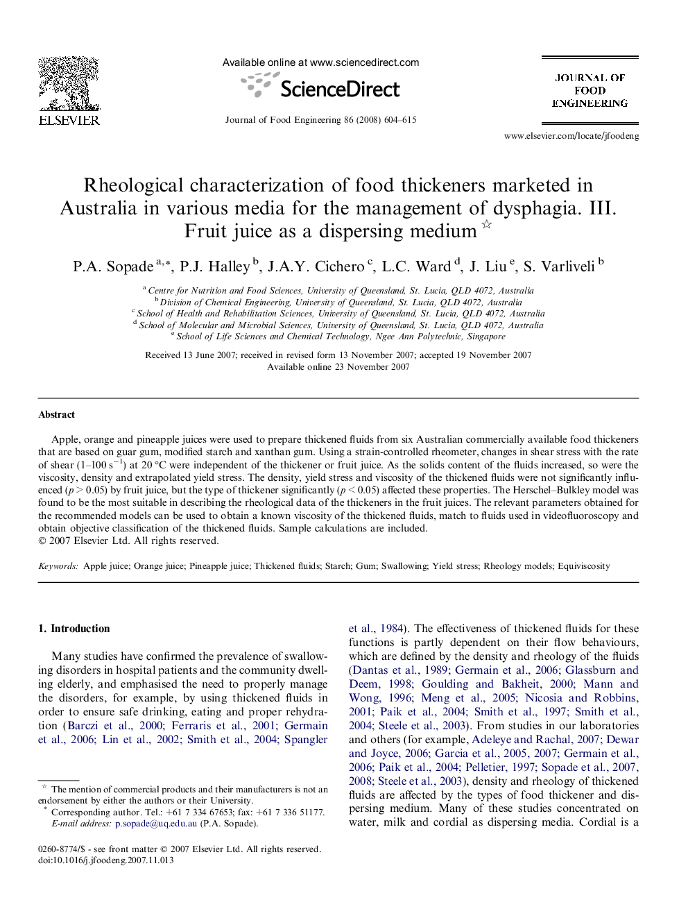 Rheological characterization of food thickeners marketed in Australia in various media for the management of dysphagia. III. Fruit juice as a dispersing medium 