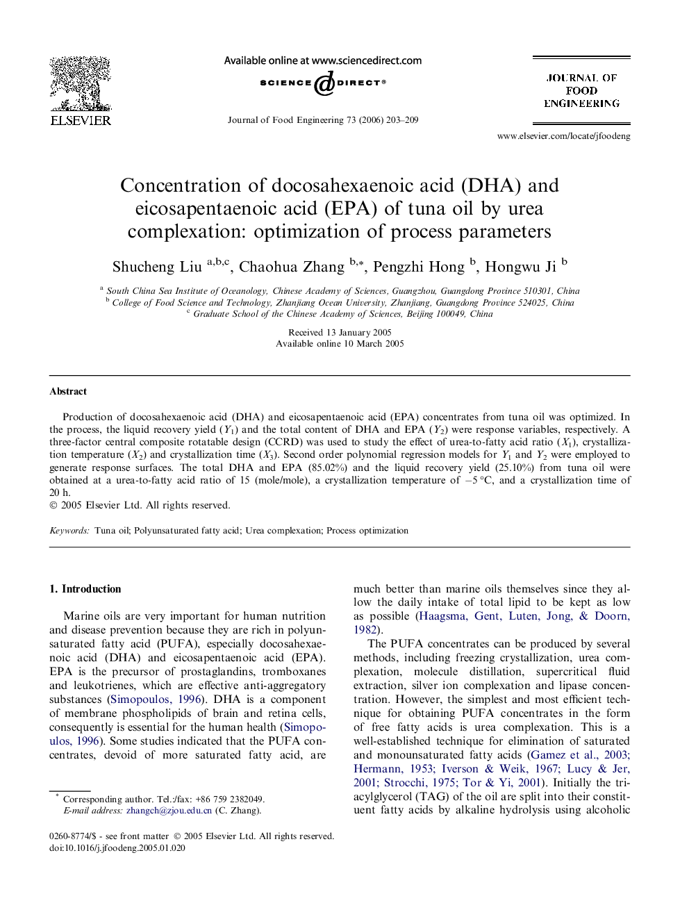 Concentration of docosahexaenoic acid (DHA) and eicosapentaenoic acid (EPA) of tuna oil by urea complexation: optimization of process parameters