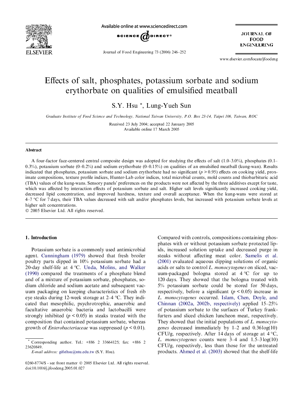 Effects of salt, phosphates, potassium sorbate and sodium erythorbate on qualities of emulsified meatball
