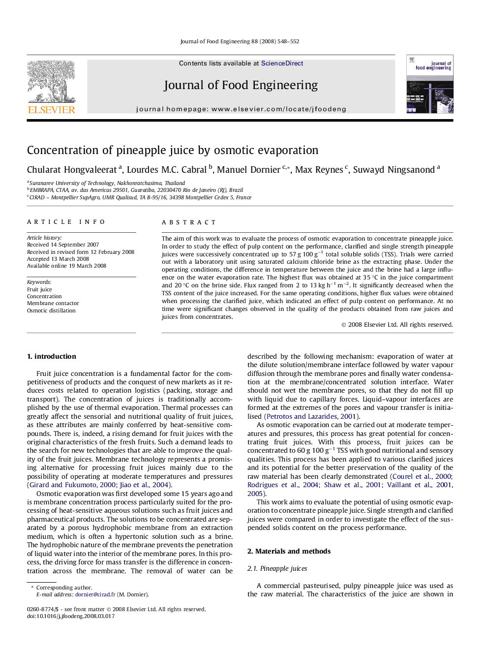 Concentration of pineapple juice by osmotic evaporation