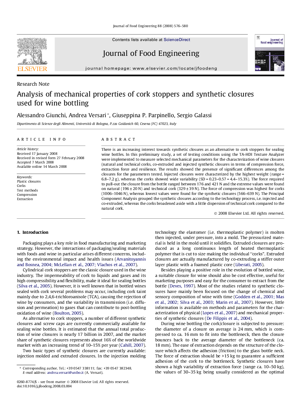 Analysis of mechanical properties of cork stoppers and synthetic closures used for wine bottling