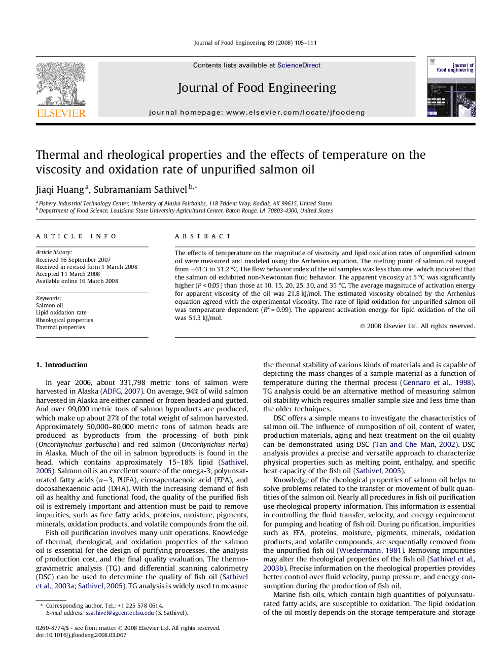 Thermal and rheological properties and the effects of temperature on the viscosity and oxidation rate of unpurified salmon oil