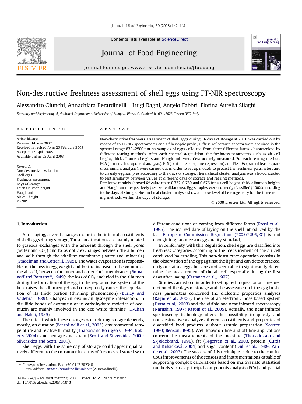 Non-destructive freshness assessment of shell eggs using FT-NIR spectroscopy