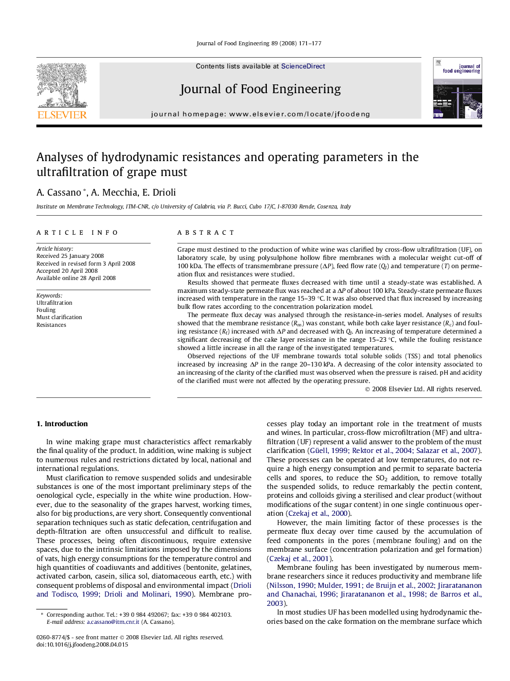 Analyses of hydrodynamic resistances and operating parameters in the ultrafiltration of grape must