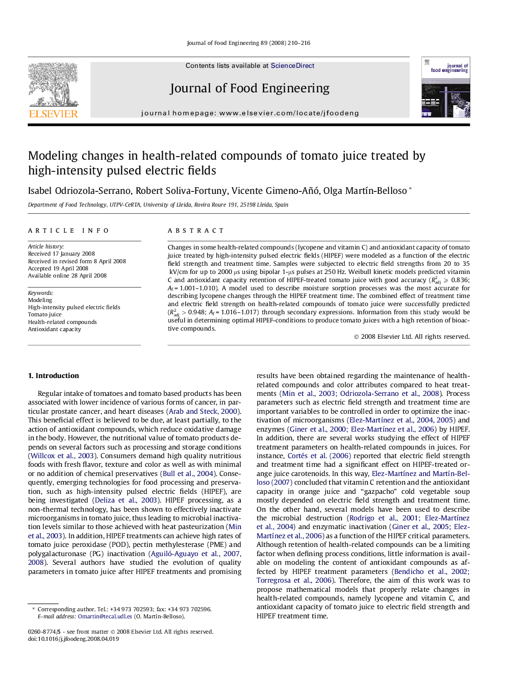 Modeling changes in health-related compounds of tomato juice treated by high-intensity pulsed electric fields