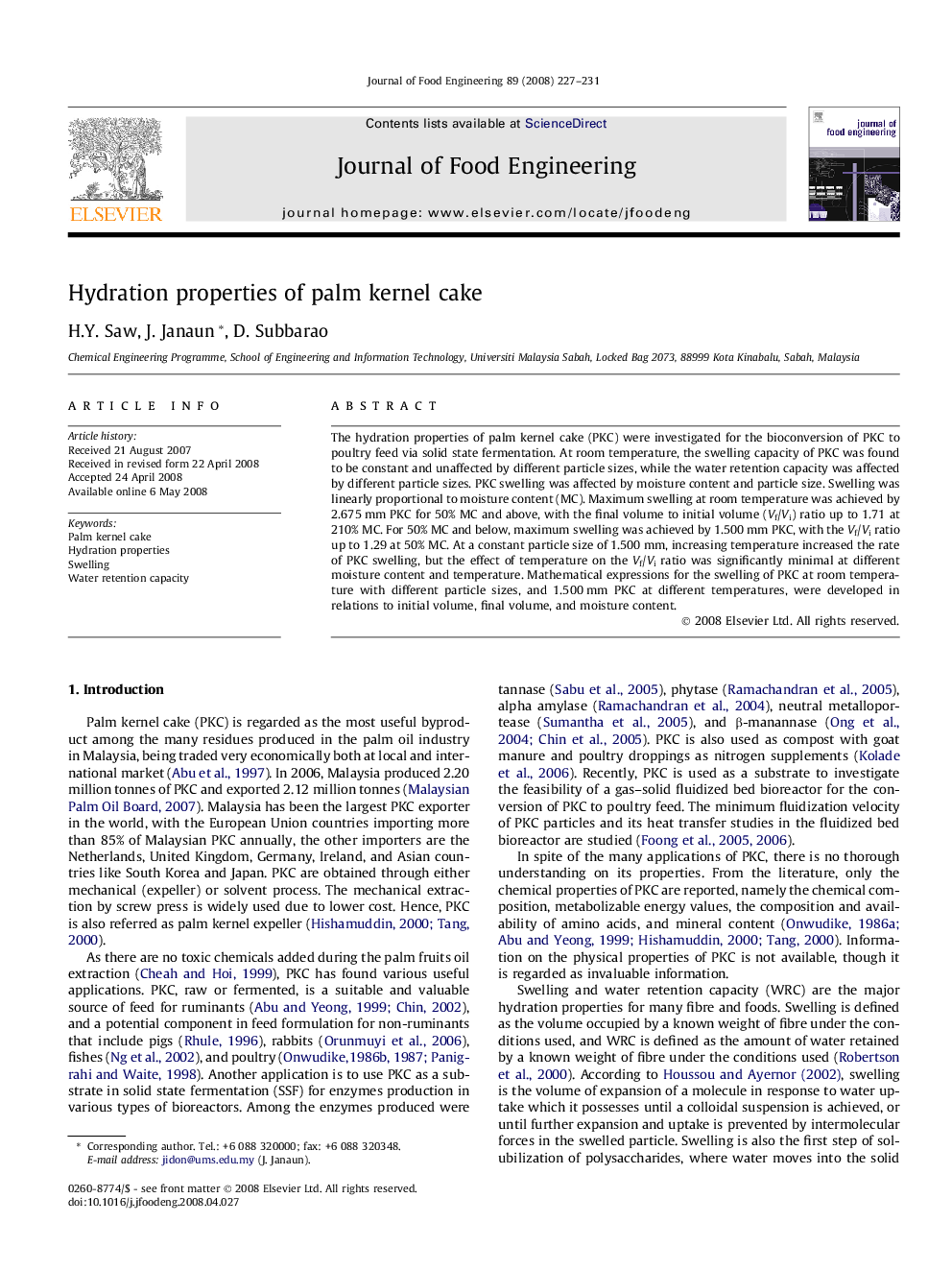 Hydration properties of palm kernel cake