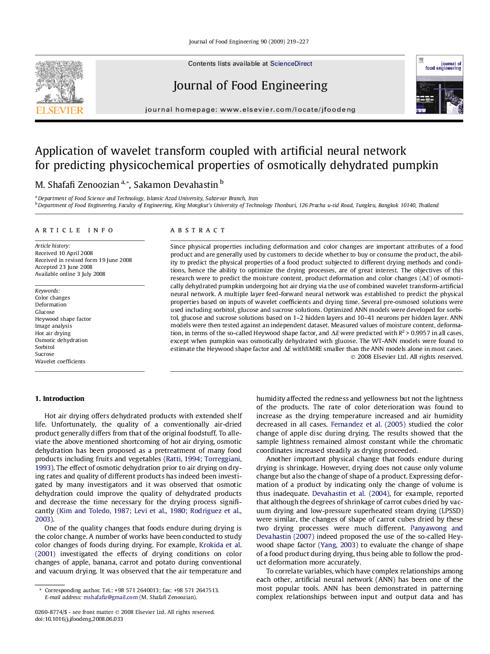 Application of wavelet transform coupled with artificial neural network for predicting physicochemical properties of osmotically dehydrated pumpkin