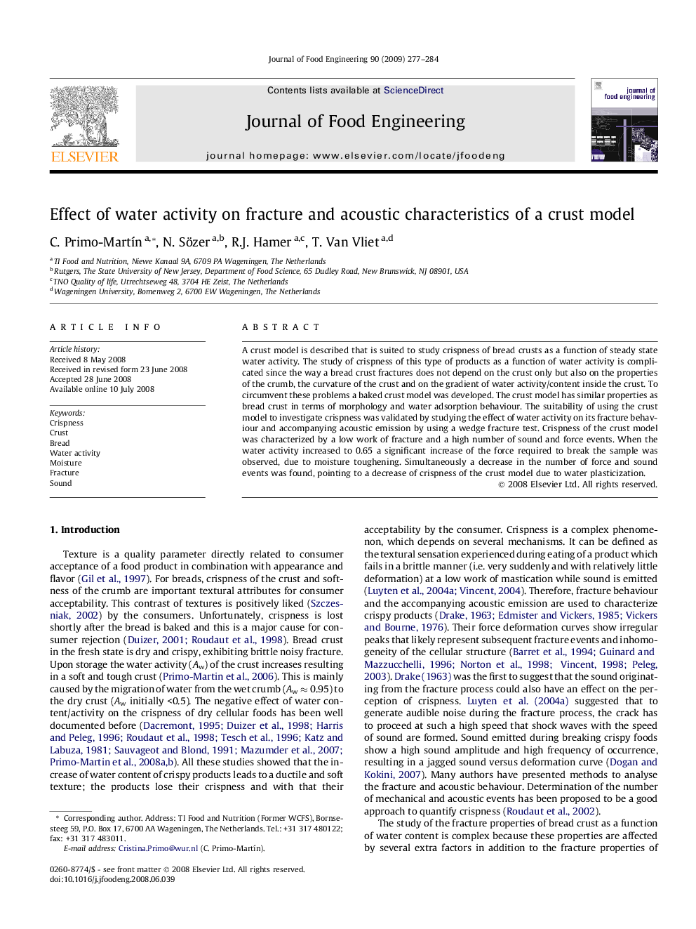 Effect of water activity on fracture and acoustic characteristics of a crust model