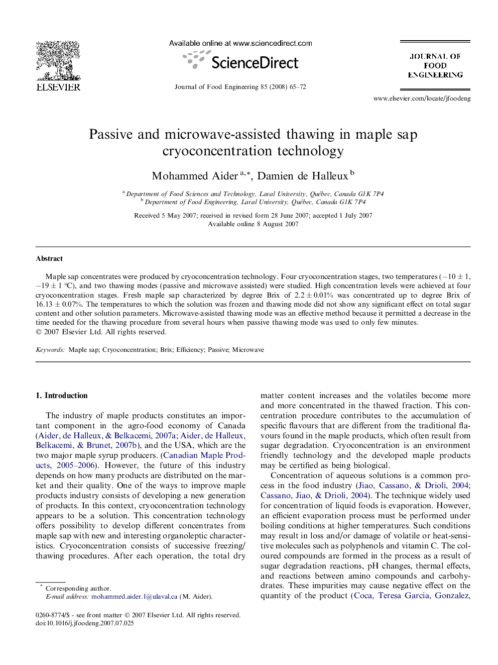 Passive and microwave-assisted thawing in maple sap cryoconcentration technology