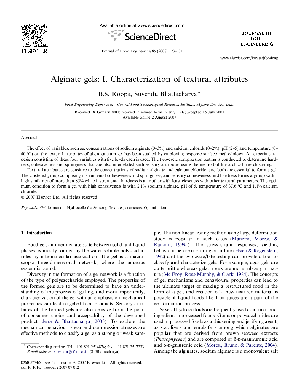 Alginate gels: I. Characterization of textural attributes