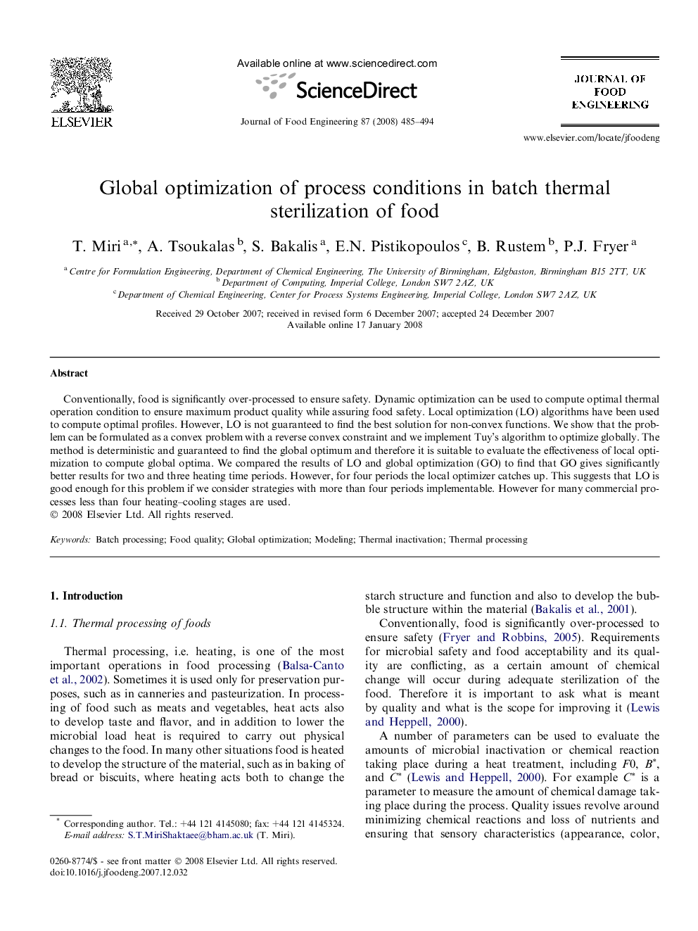 Global optimization of process conditions in batch thermal sterilization of food