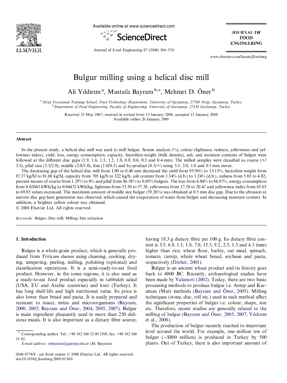 Bulgur milling using a helical disc mill