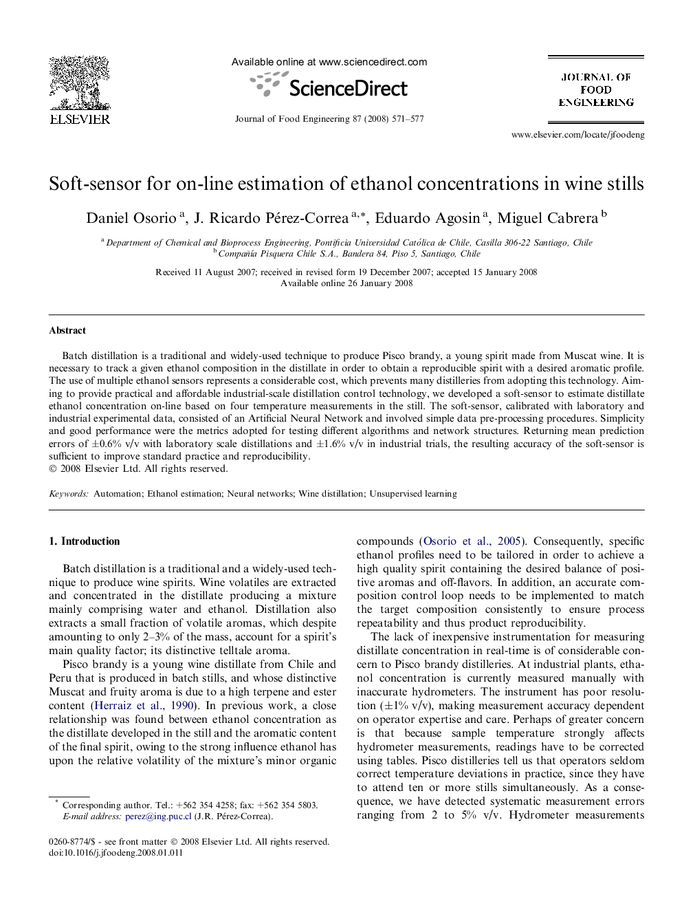 Soft-sensor for on-line estimation of ethanol concentrations in wine stills