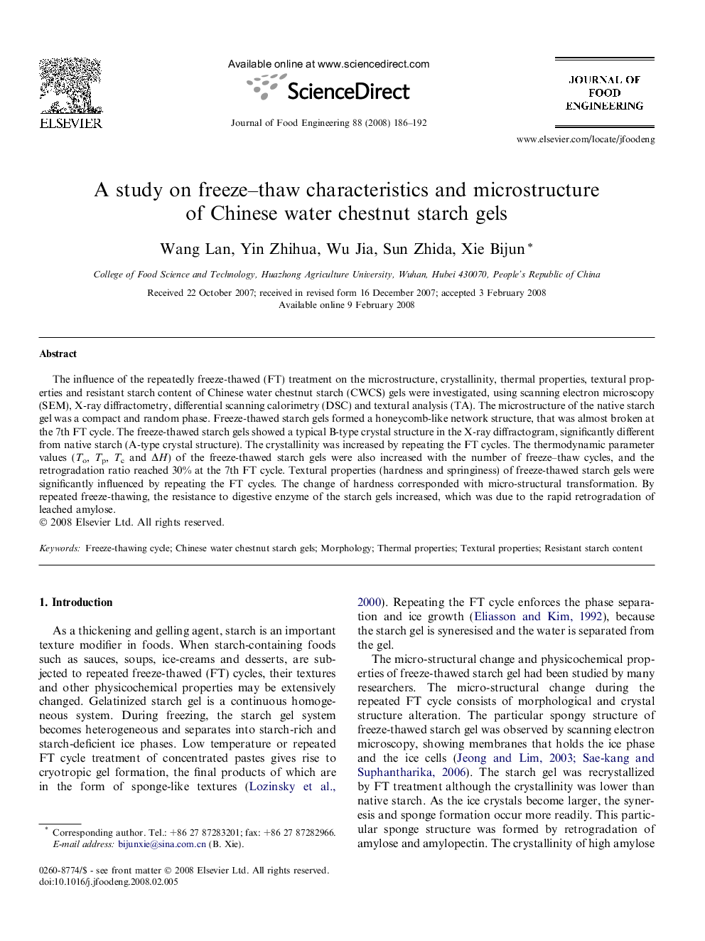 A study on freeze–thaw characteristics and microstructure of Chinese water chestnut starch gels