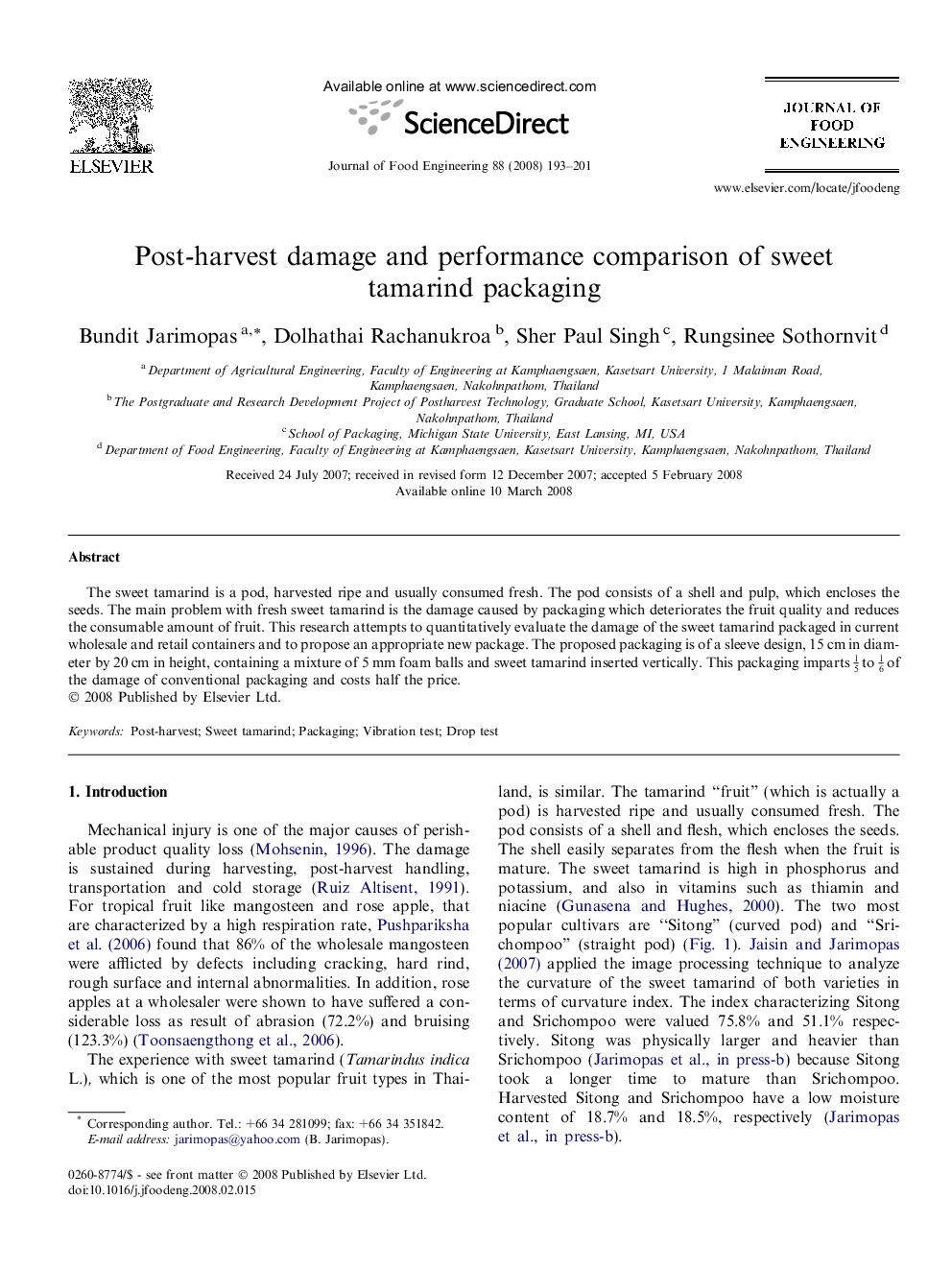 Post-harvest damage and performance comparison of sweet tamarind packaging