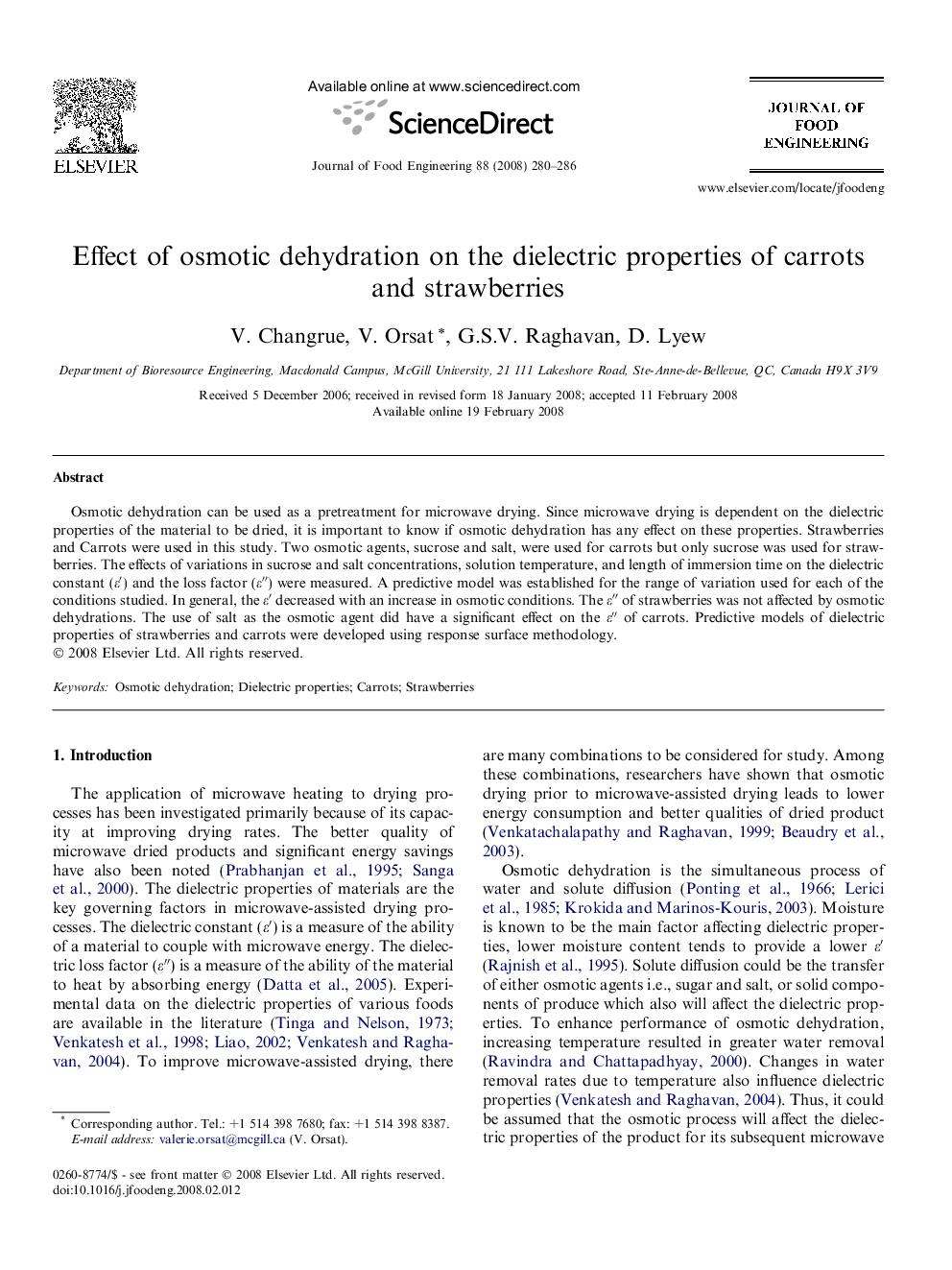 Effect of osmotic dehydration on the dielectric properties of carrots and strawberries