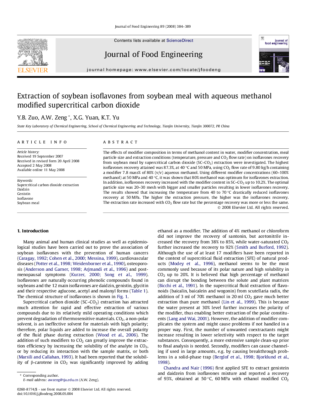 Extraction of soybean isoflavones from soybean meal with aqueous methanol modified supercritical carbon dioxide