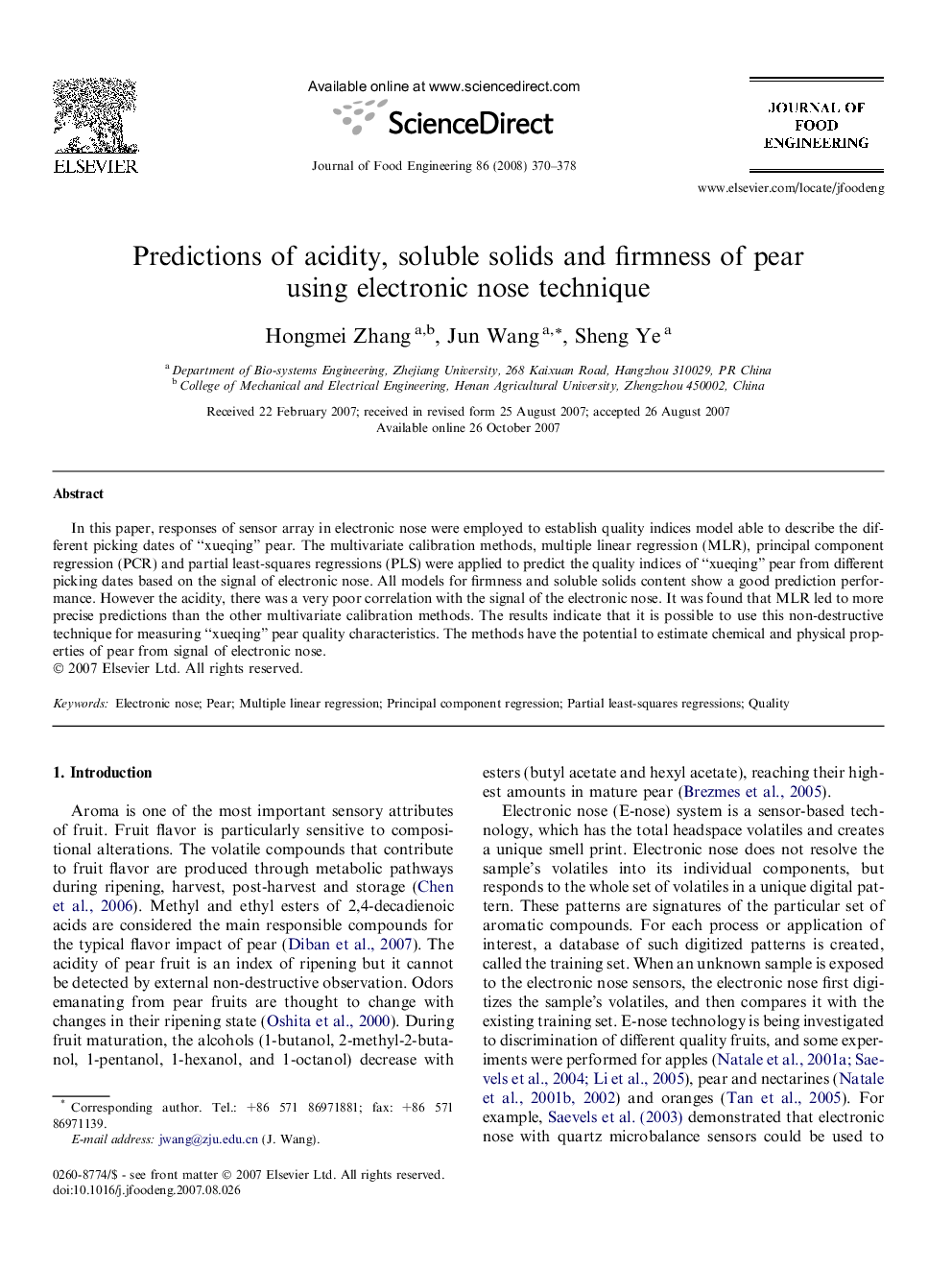 Predictions of acidity, soluble solids and firmness of pear using electronic nose technique