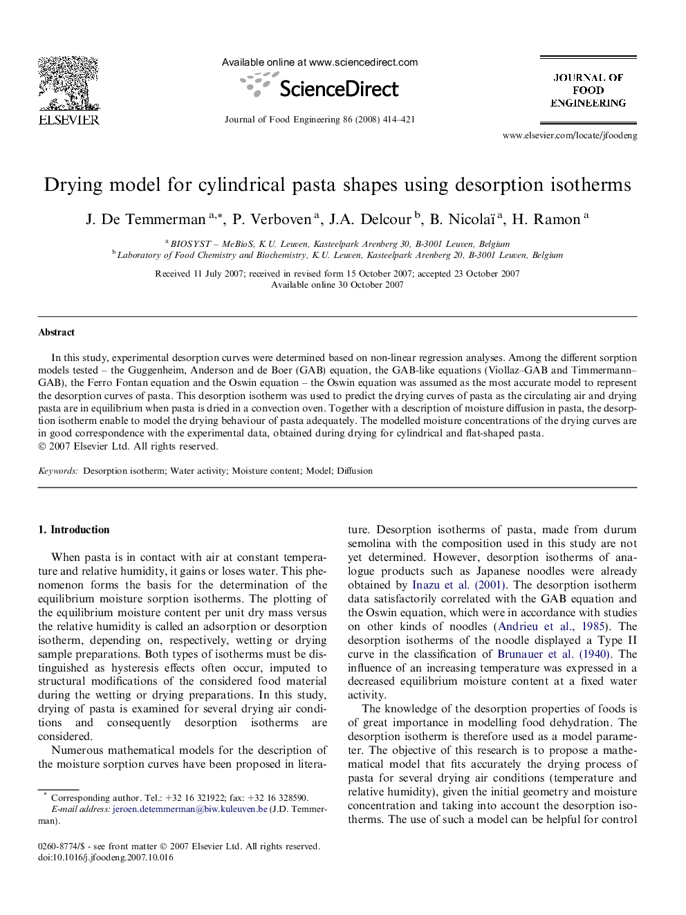 Drying model for cylindrical pasta shapes using desorption isotherms