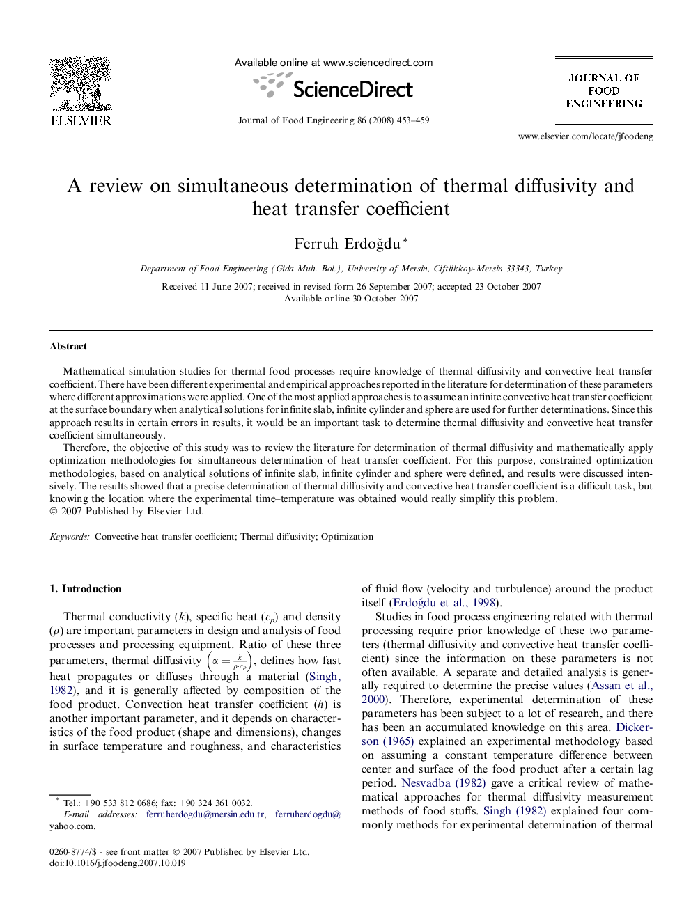 A review on simultaneous determination of thermal diffusivity and heat transfer coefficient