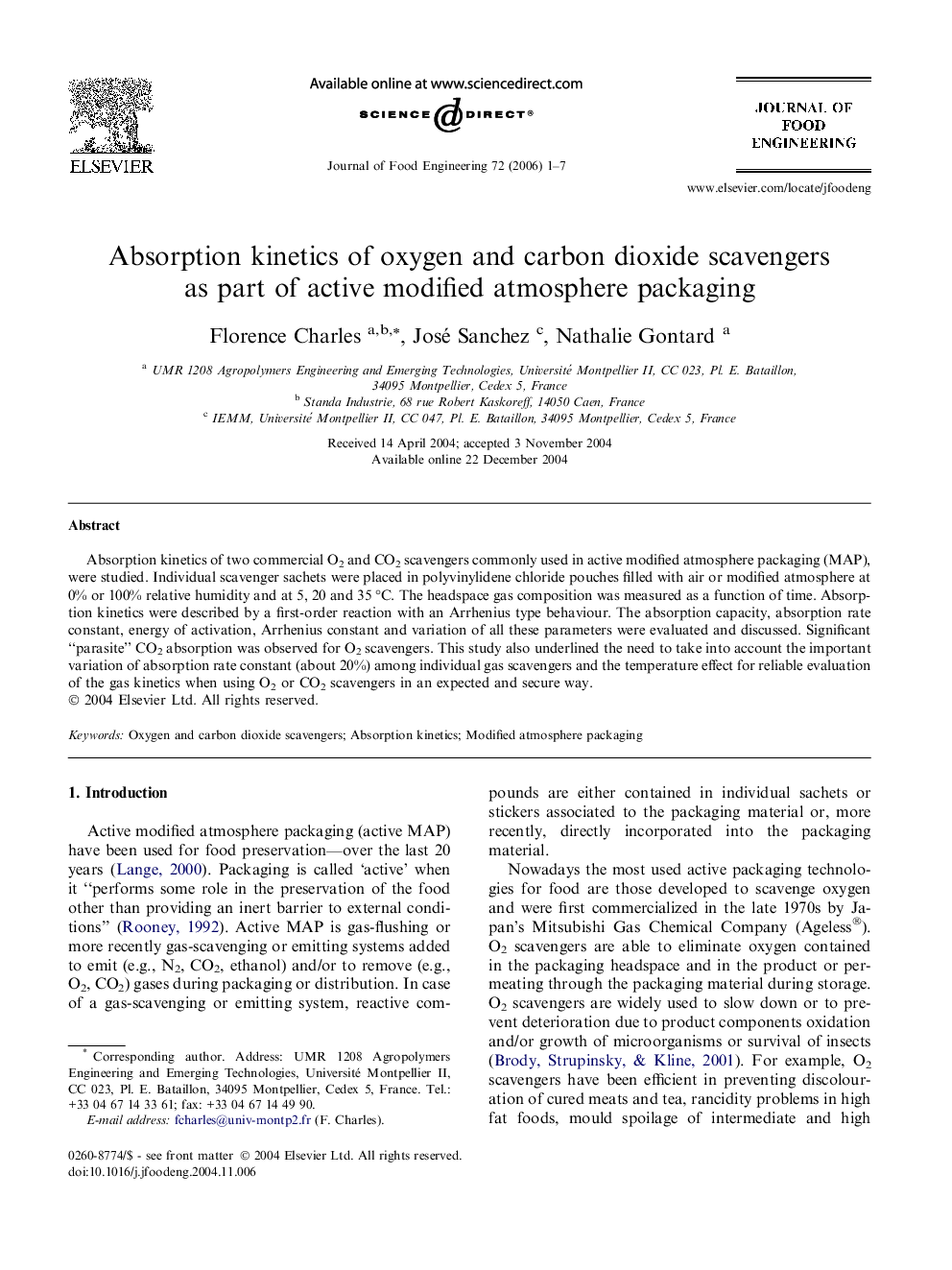 Absorption kinetics of oxygen and carbon dioxide scavengers as part of active modified atmosphere packaging