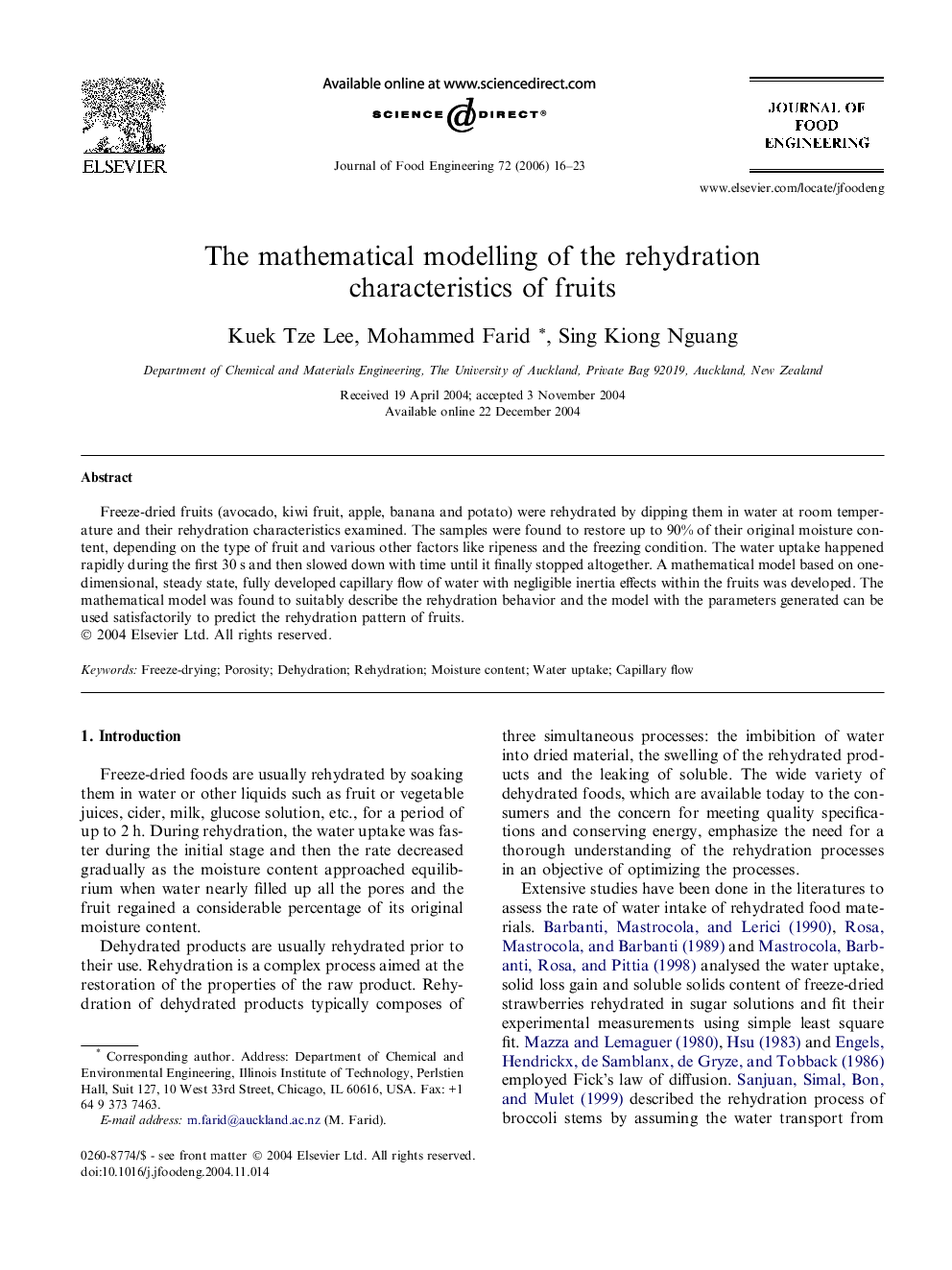 The mathematical modelling of the rehydration characteristics of fruits