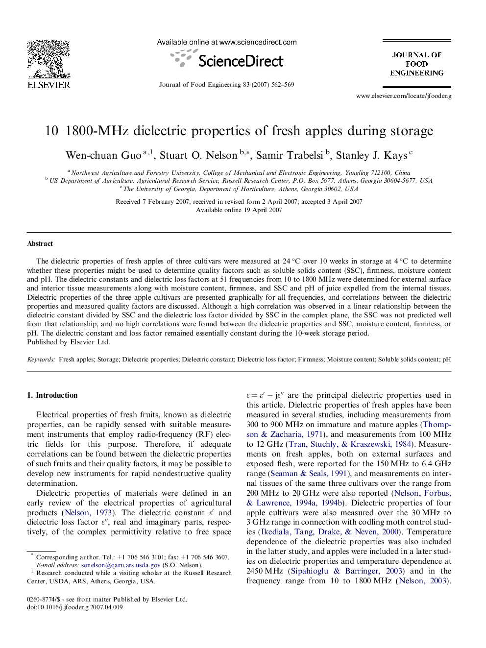 10–1800-MHz dielectric properties of fresh apples during storage