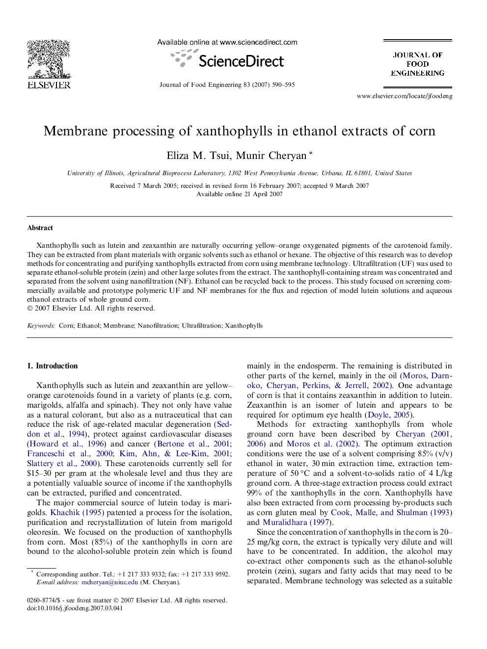 Membrane processing of xanthophylls in ethanol extracts of corn