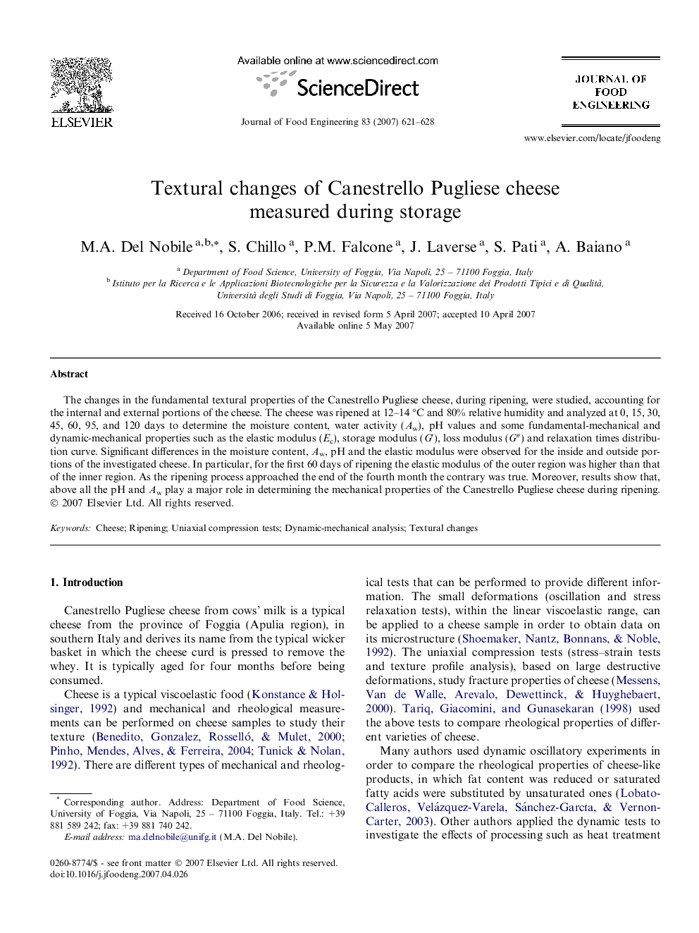 Textural changes of Canestrello Pugliese cheese measured during storage