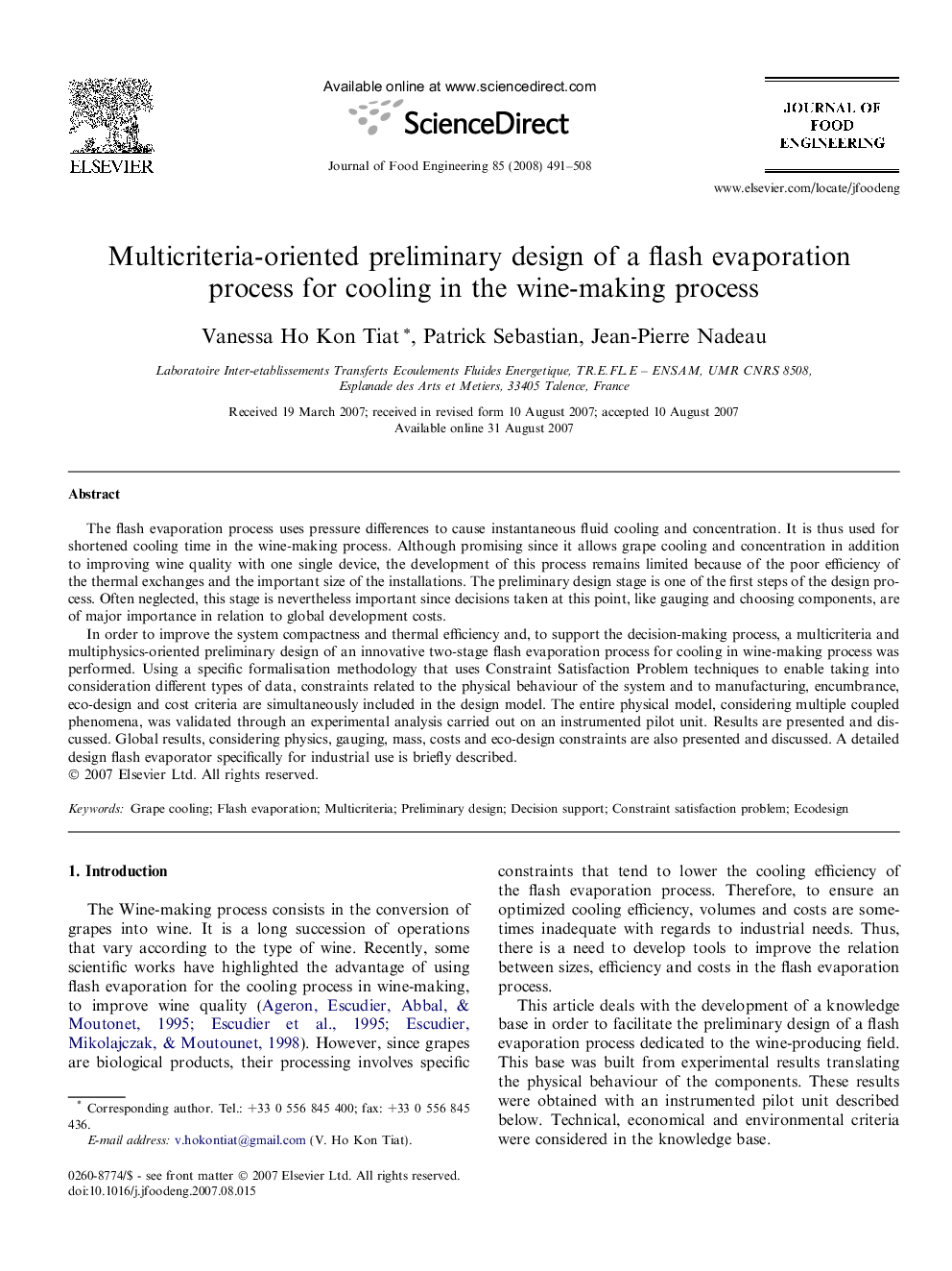 Multicriteria-oriented preliminary design of a flash evaporation process for cooling in the wine-making process