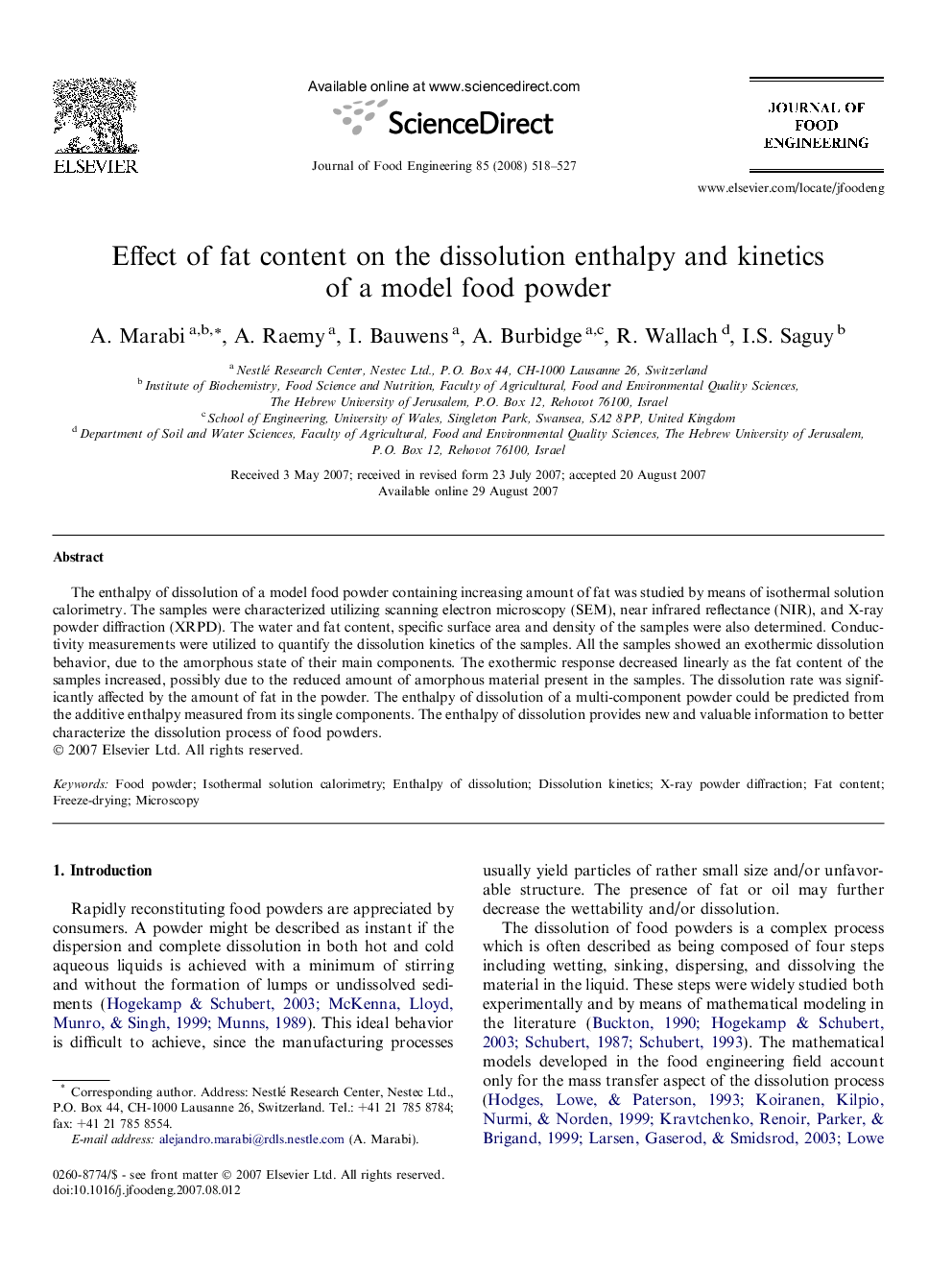 Effect of fat content on the dissolution enthalpy and kinetics of a model food powder