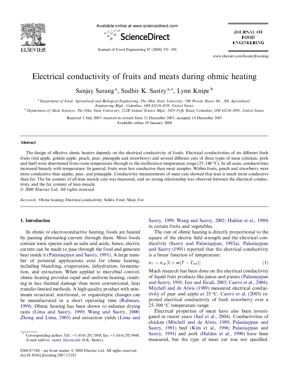 Electrical conductivity of fruits and meats during ohmic heating