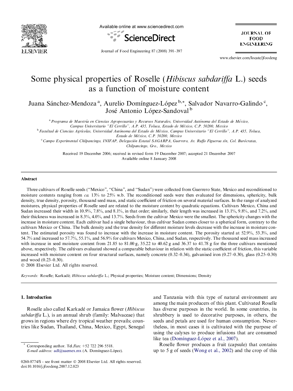 Some physical properties of Roselle (Hibiscus sabdariffa L.) seeds as a function of moisture content