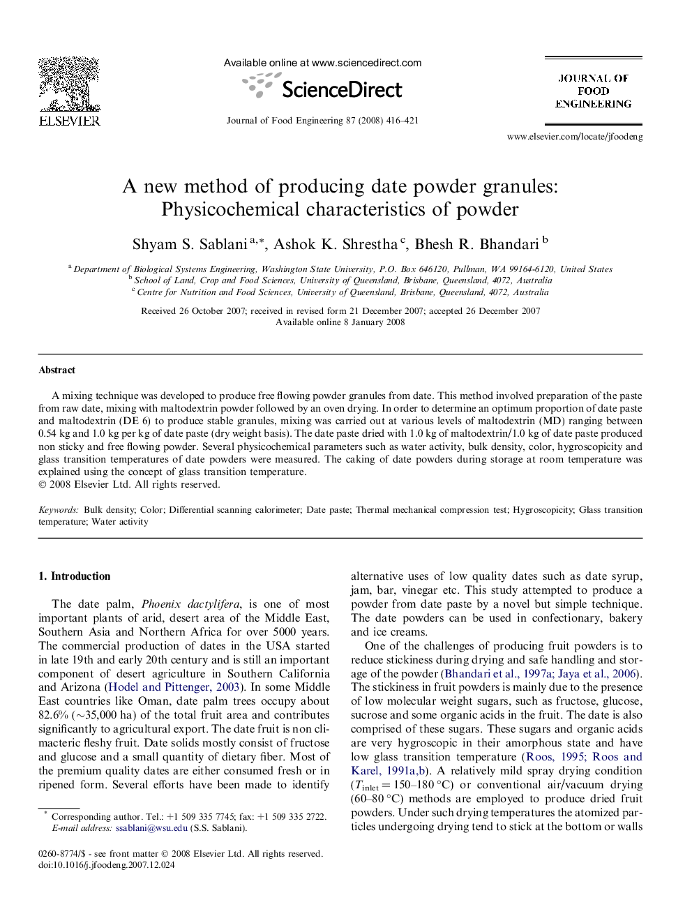 A new method of producing date powder granules: Physicochemical characteristics of powder