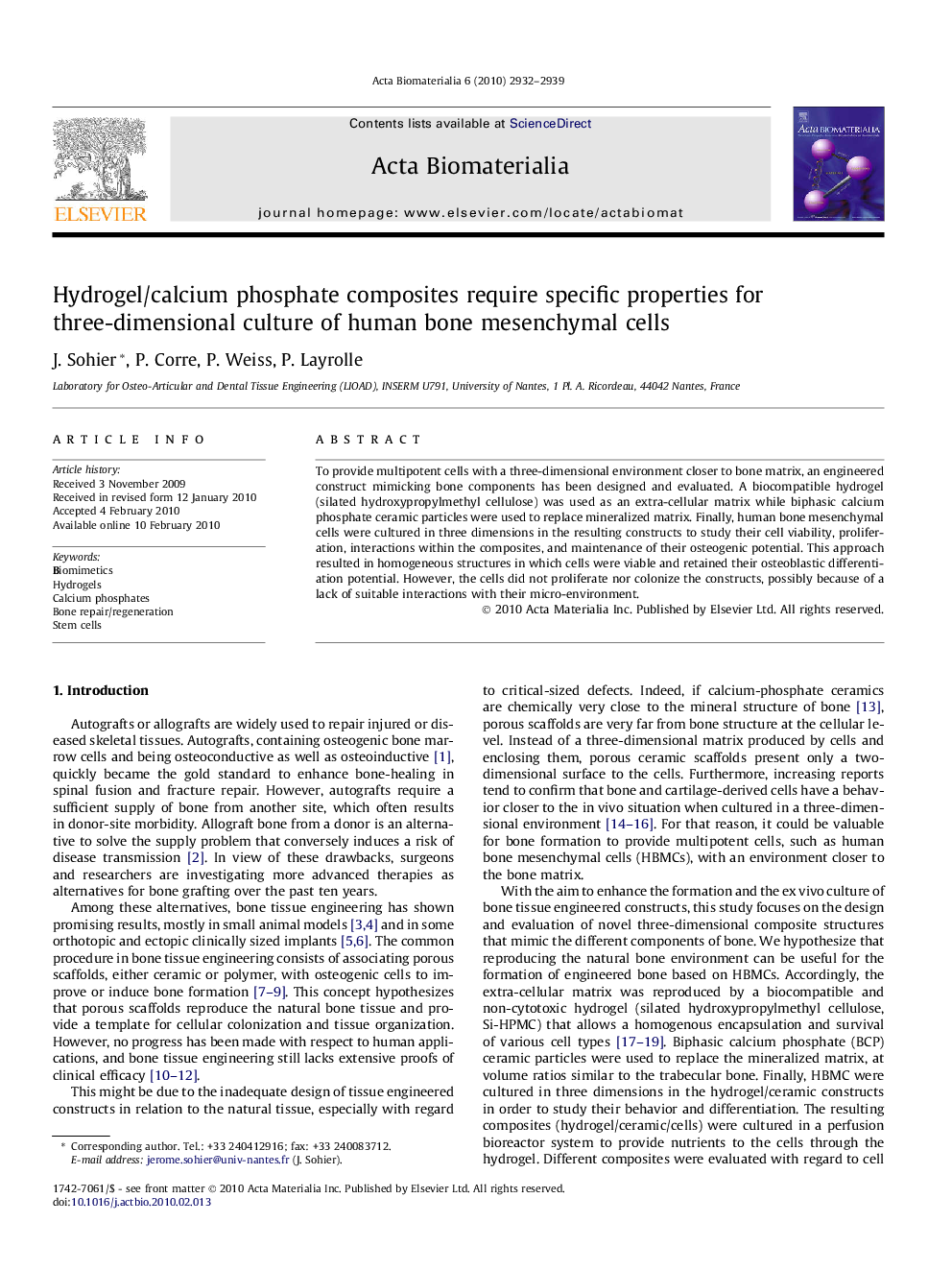 Hydrogel/calcium phosphate composites require specific properties for three-dimensional culture of human bone mesenchymal cells