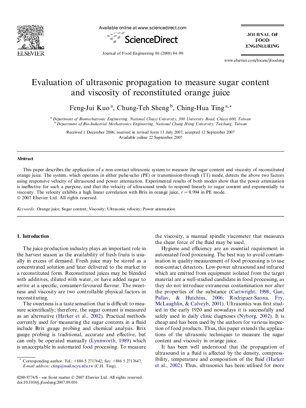 Evaluation of ultrasonic propagation to measure sugar content and viscosity of reconstituted orange juice