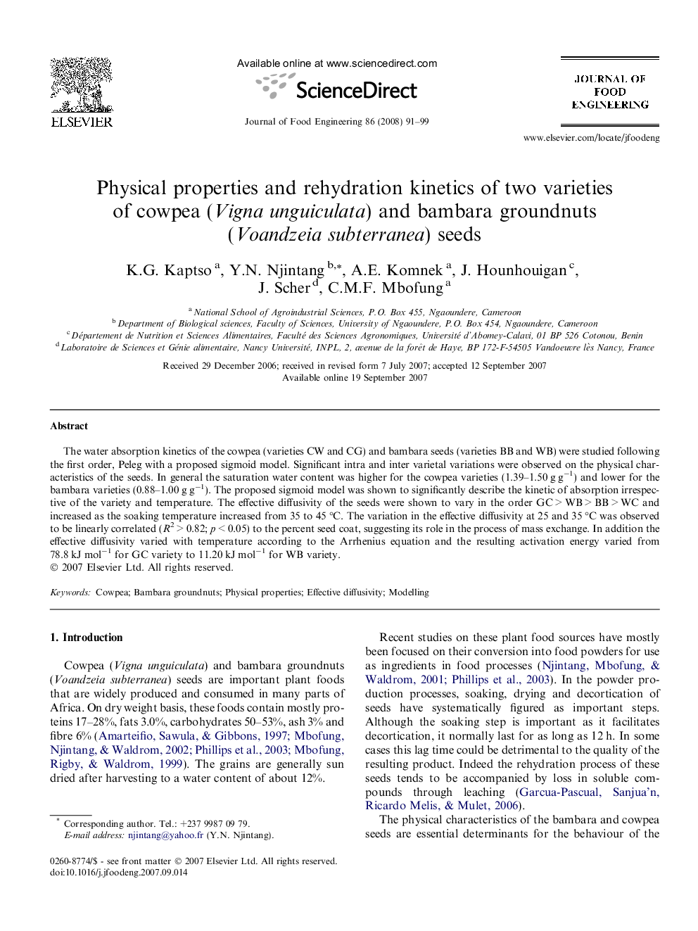 Physical properties and rehydration kinetics of two varieties of cowpea (Vigna unguiculata) and bambara groundnuts (Voandzeia subterranea) seeds