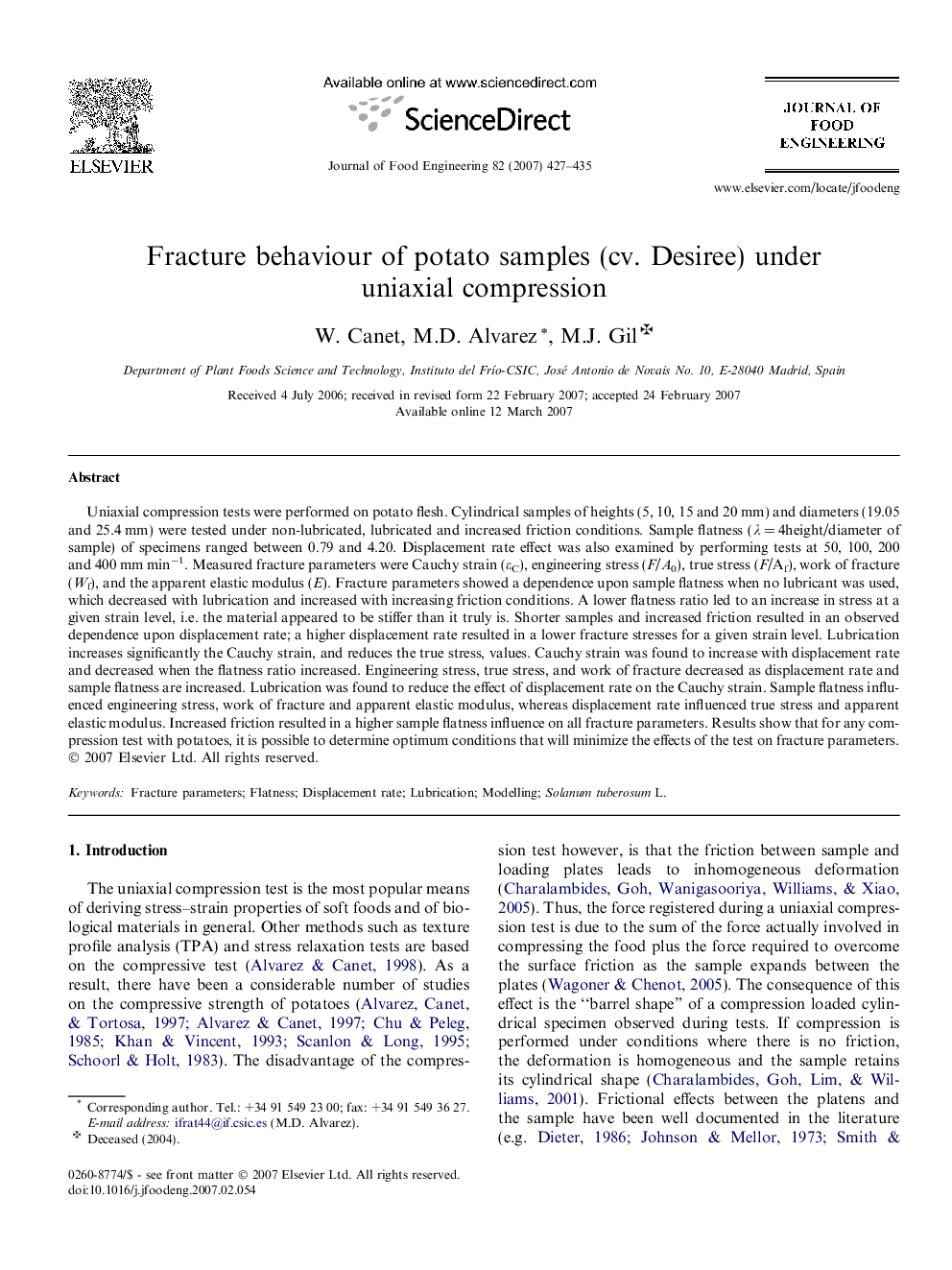 Fracture behaviour of potato samples (cv. Desiree) under uniaxial compression