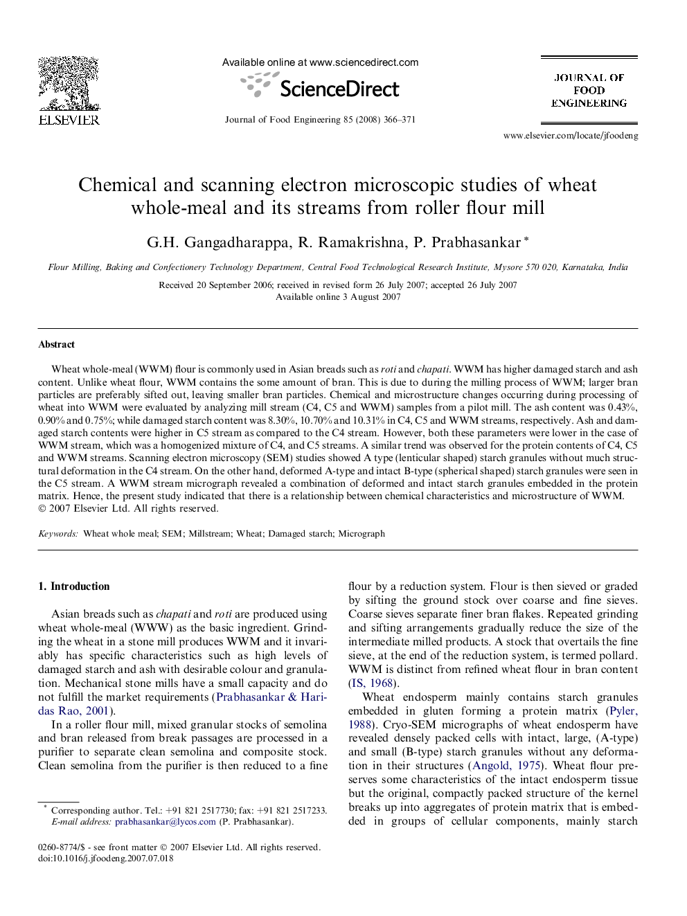 Chemical and scanning electron microscopic studies of wheat whole-meal and its streams from roller flour mill