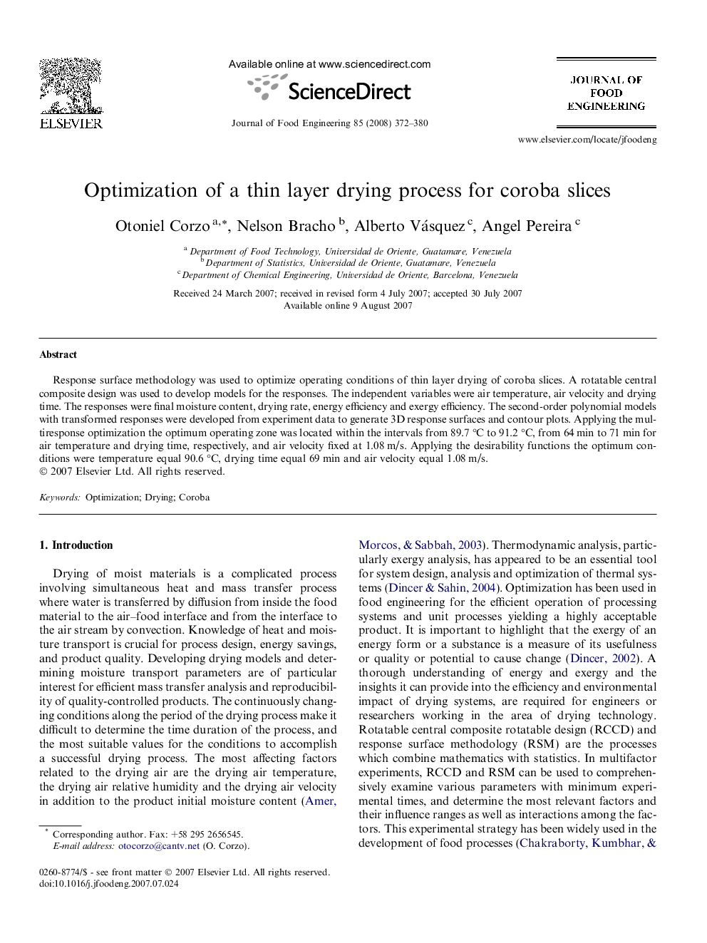 Optimization of a thin layer drying process for coroba slices
