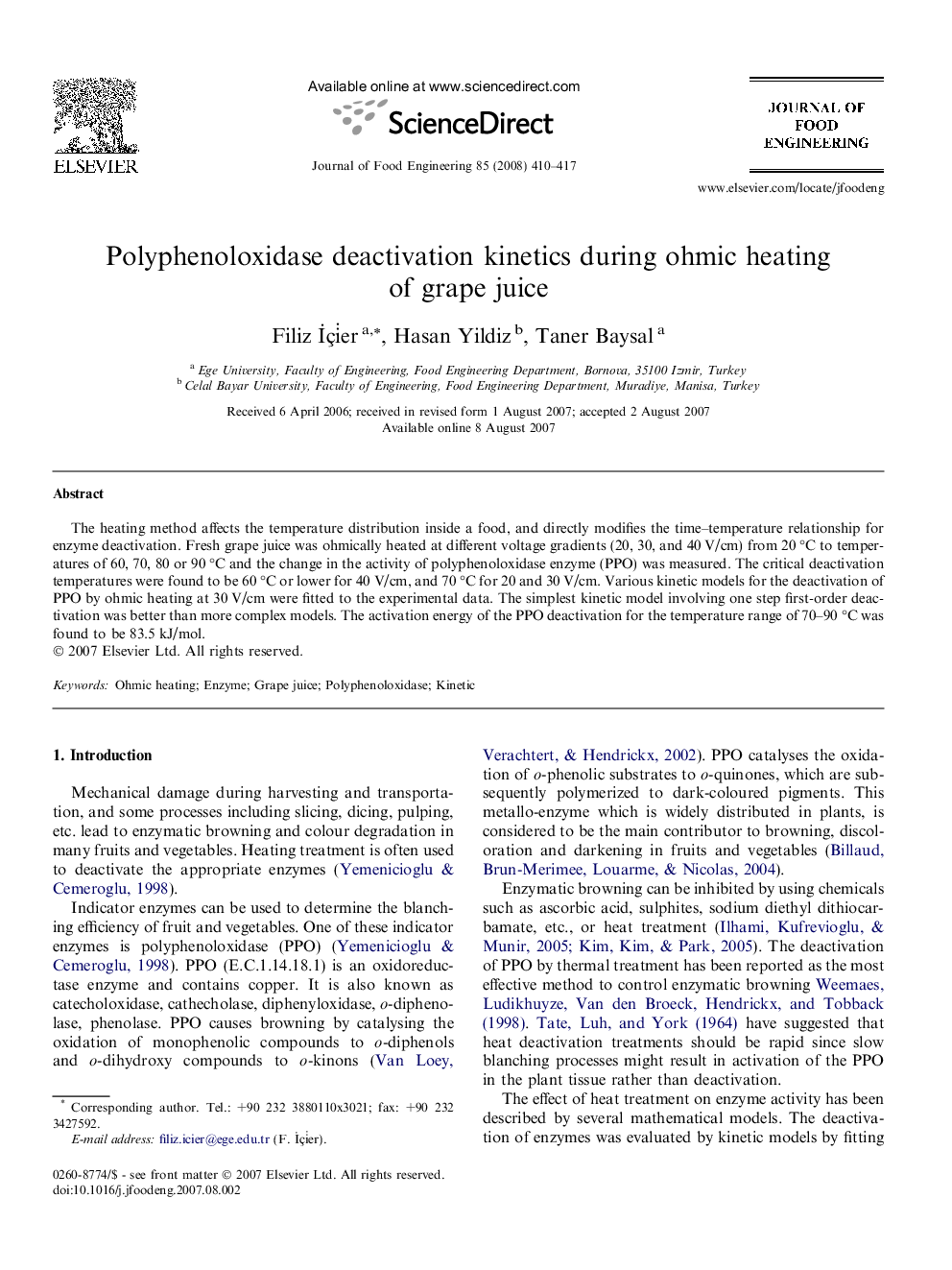 Polyphenoloxidase deactivation kinetics during ohmic heating of grape juice