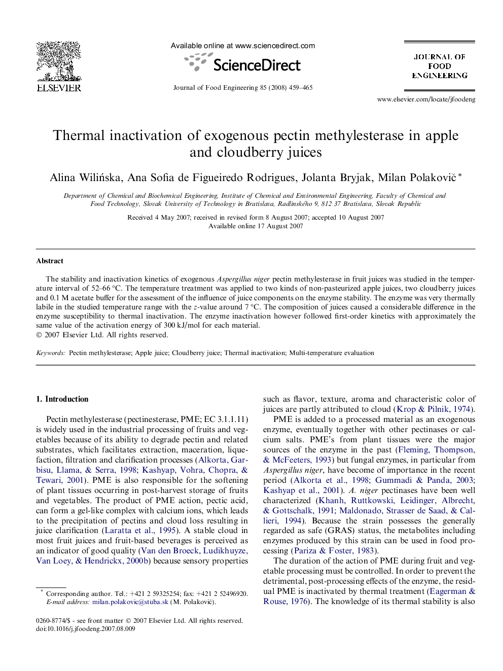 Thermal inactivation of exogenous pectin methylesterase in apple and cloudberry juices